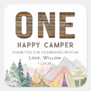 Sticker Carré Baby Girl Rustic One Happy Camper Anniversaire Fav