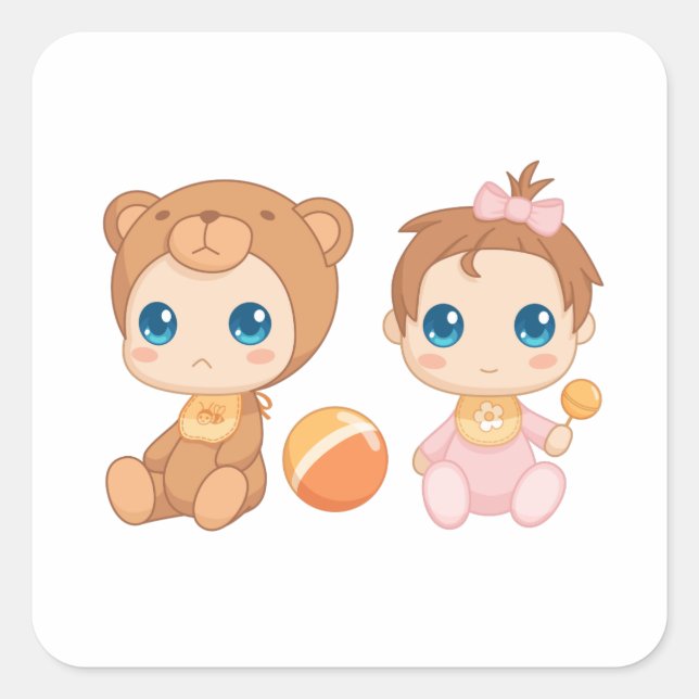 Sticker Carré Baby Girl Twins Bear Jumpsuit 2 (Devant)