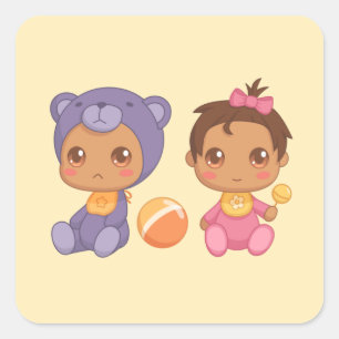 Sticker Carré Baby Girl Twins Purple Bear Jumpsuit on Yellow Squ