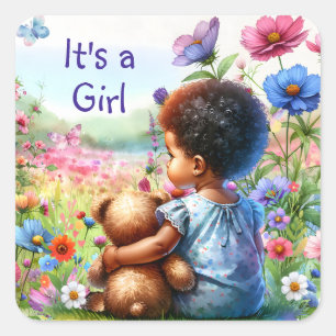 Sticker Carré Baby Girl with Teddy Bear Baby shower C'est une fi