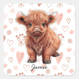 Sticker Carré Baby Highland Cow Nom personnalisé