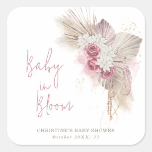 Sticker Carré Baby In Bloom Boho Baby shower Rose