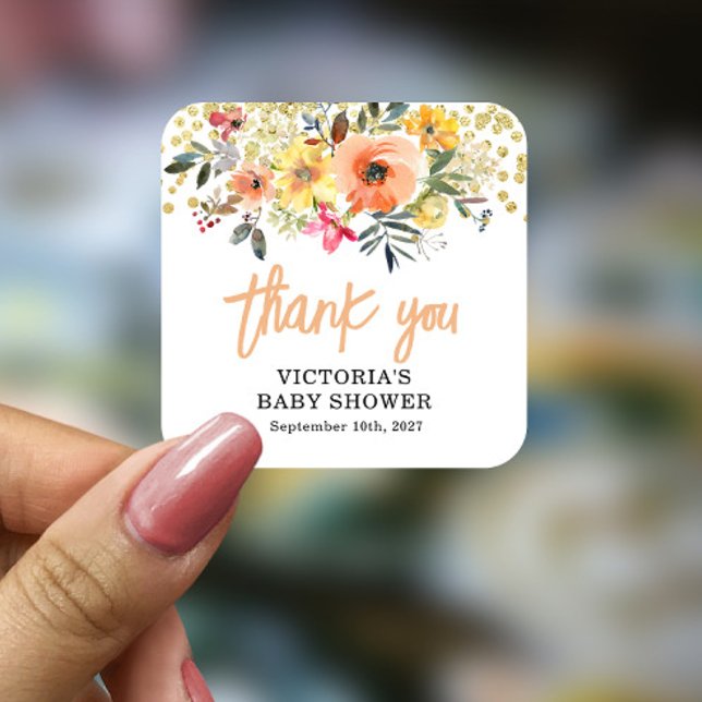 Sticker Carré Baby in Bloom Gold Orange Baby shower (Créateur téléchargé)