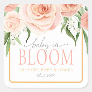 Sticker Carré Baby in Bloom Rose Floral Rose Pâle Baby Shower