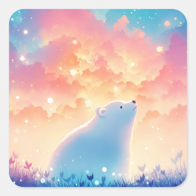 Sticker Carré Baby Polar Bear Gazing at Shooting Star (Devant)