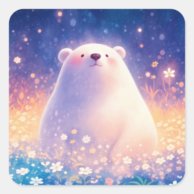Sticker Carré Baby Polar Bear in Meadow of Wildflowers (Devant)