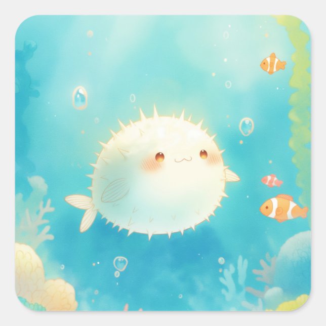 Sticker Carré Baby Pufferfish Swimming in Sunny Coral Reef (Devant)