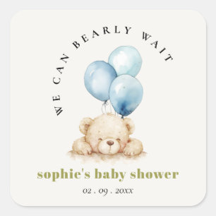 Sticker Carré Baby shower à ballon d'attente bleu minimal