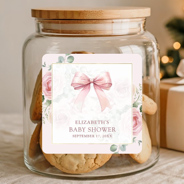 Sticker Carré Baby shower à bec blanc rose floral (Créateur téléchargé)