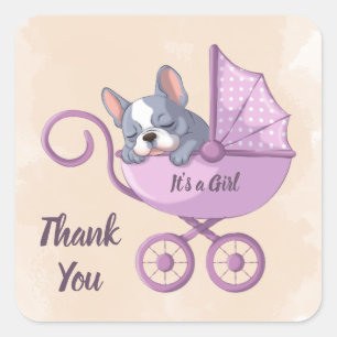 Sticker Carré Baby shower à poussette rose de Bulldog français m