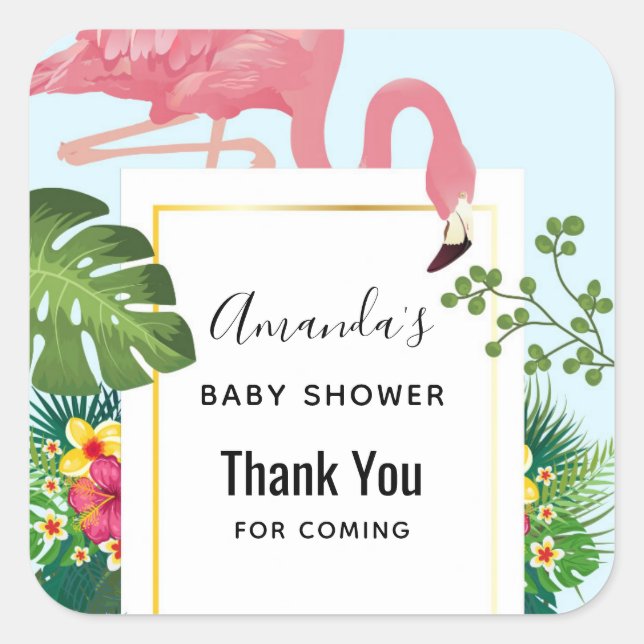 Sticker Carré Baby shower à thème Tropical Flamant rose rose mig (Devant)