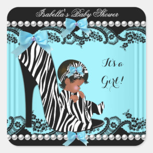 Sticker Carré Baby shower afro-américain fille Zebra Turquoise