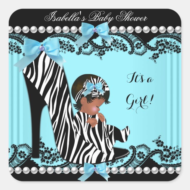 Sticker Carré Baby shower afro-américain fille Zebra Turquoise (Devant)