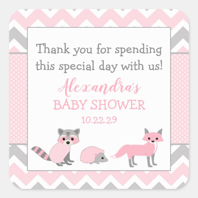 Sticker Carré Baby shower animal boisé rose favoriser autocollan (Devant)