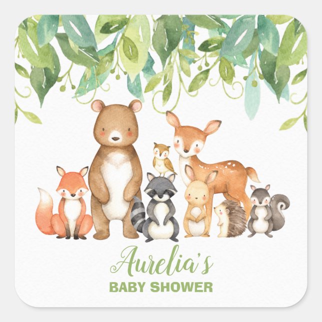 Sticker Carré Baby shower animal de bois Merci forestier Favoris (Devant)