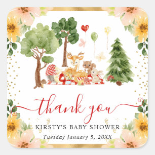Sticker Carré Baby Shower Animaux de la Forêt à l'Aquarelle