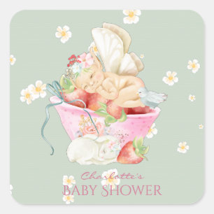 Sticker Carré Baby shower Aquarelle fille Fée mignonne lapin