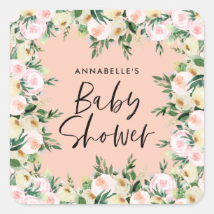 Sticker Carré Baby shower aquarelle pêche girly script floral