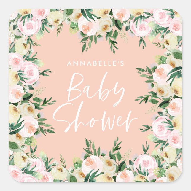 Sticker Carré Baby shower aquarelle pêche girly script floral (Devant)