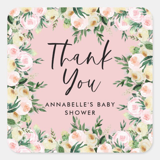 Sticker Carré Baby shower aquarelle rose girly floral merci (Devant)