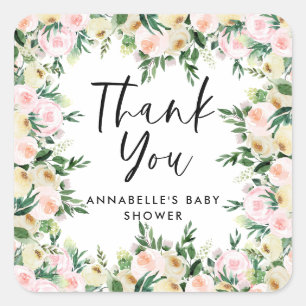 Sticker Carré Baby shower aquarelle rose girly floral merci