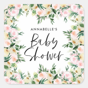 Sticker Carré Baby shower aquarelle rose girly script floral