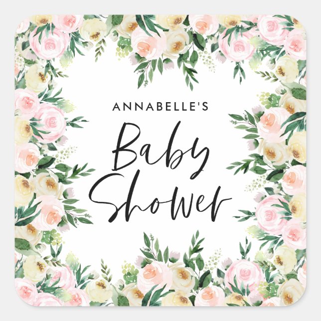 Sticker Carré Baby shower aquarelle rose girly script floral (Devant)