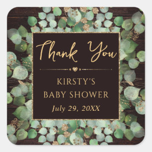 Sticker Carré Baby Shower aquarelle rustique au feuillage d'euca