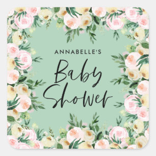 Sticker Carré Baby shower aquarelle vert girly script floral