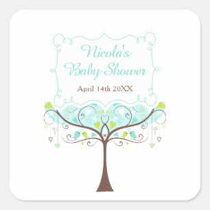 Sticker Carré Baby Shower Arbre aux coeurs d'oiseaux Bleu et Ver