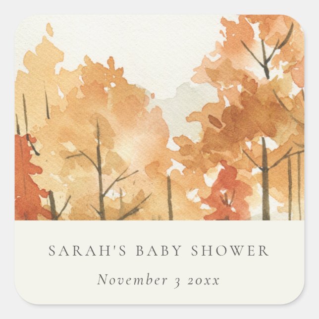 Sticker Carré Baby Shower Arbre d'automne Jaune Orange Rouille (Devant)