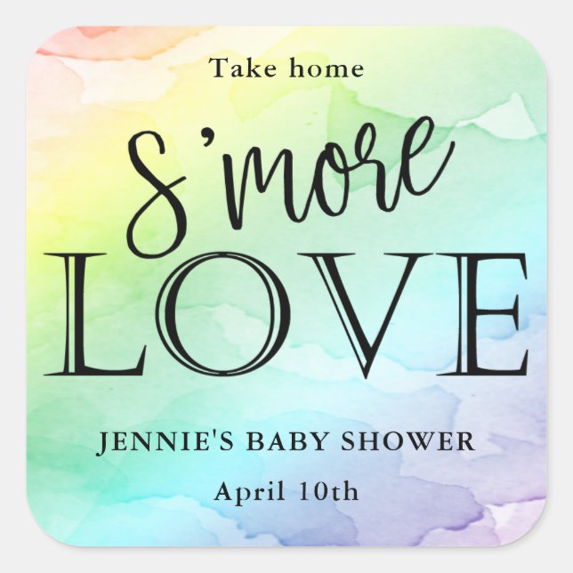 Sticker Carré Baby shower Arc-en-ciel, Balise S'More Love Favor (Devant)