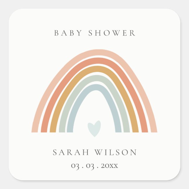 Sticker Carré Baby shower Arc-en-ciel bleu-bleu-blanc élégant (Devant)