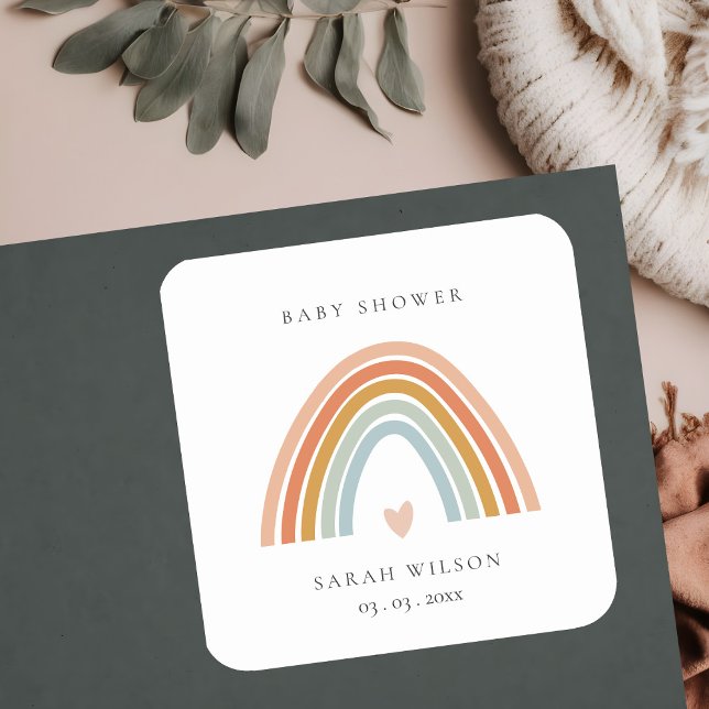 Sticker Carré Baby shower Arc-en-ciel bleu-bleu-blanc élégant (Créateur téléchargé)