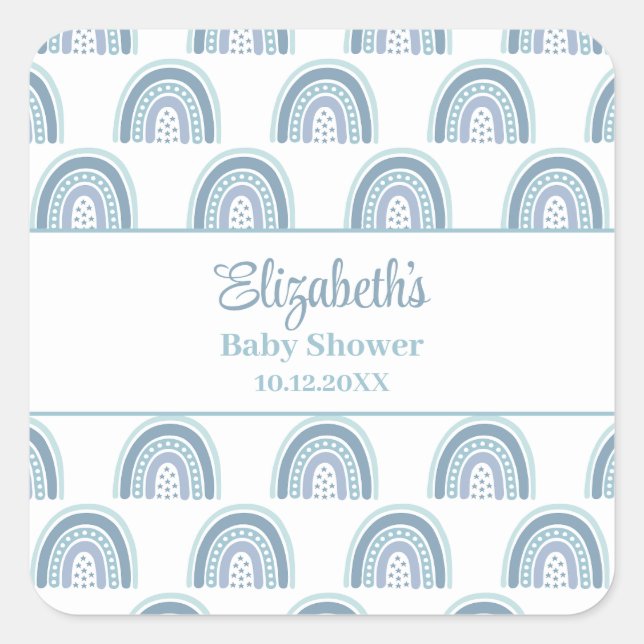 Sticker Carré Baby shower arc-en-ciel bleu Boho (Devant)