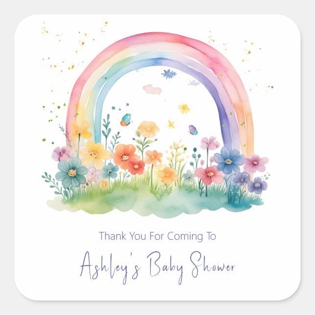 Sticker Carré Baby shower arc-en-ciel Fleur sauvage Boho (Devant)