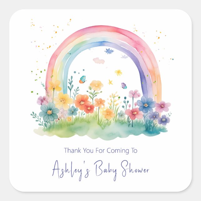 Sticker Carré Baby shower arc-en-ciel Fleur sauvage Boho (Devant)