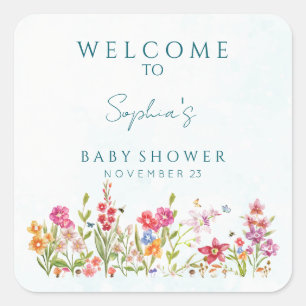 Sticker Carré Baby-Shower Art Botanique Aquarelle Peinte à la Ma