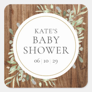 Sticker Carré Baby-Shower au thème de verdure aquarelle en bois