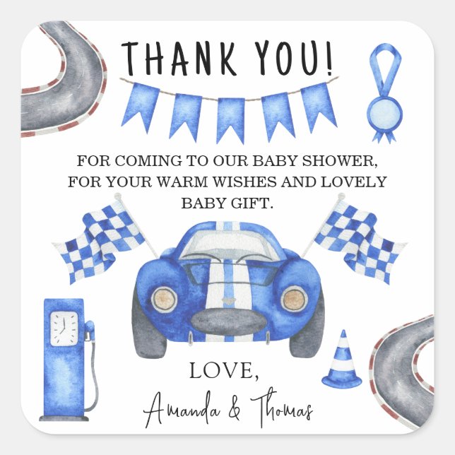 Sticker Carré Baby shower automobile - merci (Devant)
