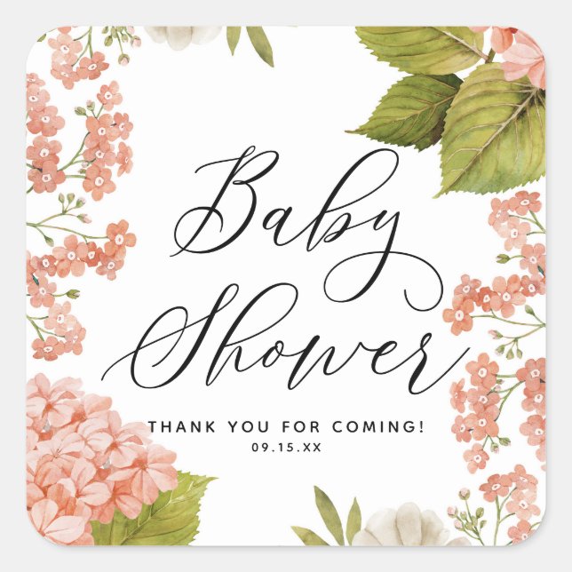 Sticker Carré Baby Shower aux Hydrangeas Aquarelle Pêche Rustiqu (Devant)