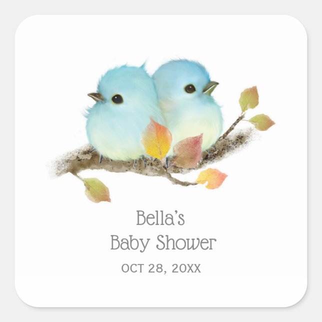 Sticker Carré Baby shower aux oiseaux bleus mignons (Devant)