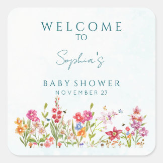 Sticker Carré Baby-Shower avec aquarelle botanique peinte à la m