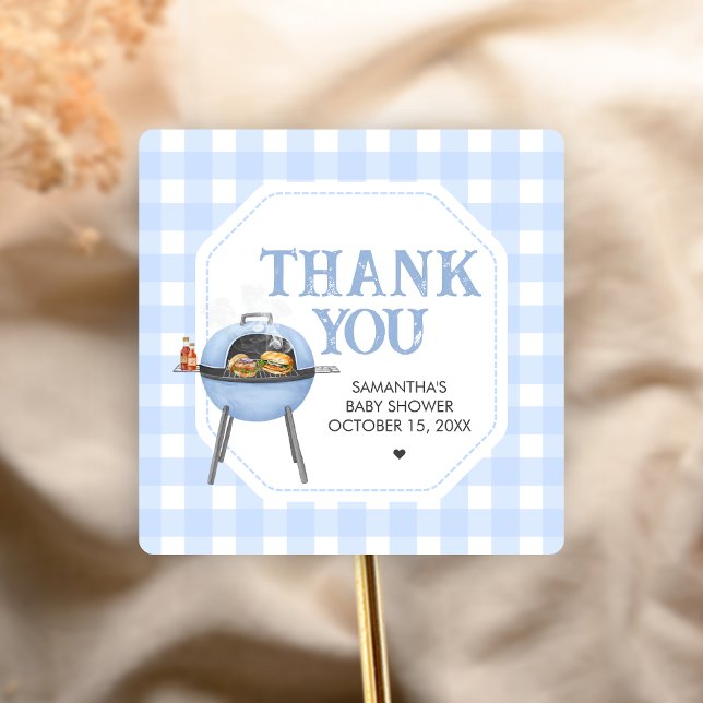 Sticker Carré Baby Shower BBQ Burger Bleu (Bun and Burgers Baby Shower Sticker)