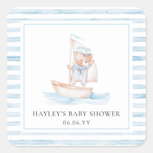 Sticker Carré Baby shower Bear Bleu Stripe