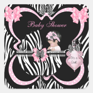 Sticker Carré Baby Shower Bébé Fille Mignon Taches de Zèbre Rose