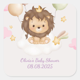 STICKER CARRÉ BABY SHOWER BÉBÉ LION ROSE 
