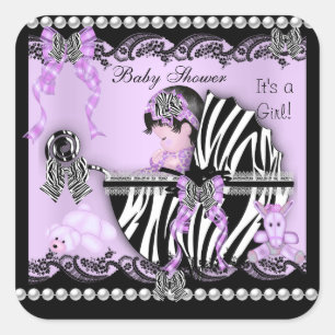 Sticker Carré Baby shower Bébé mignonne Fille Lilac Zèbre Dentel