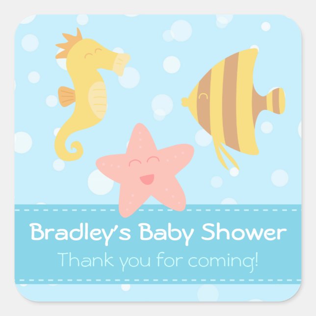 Sticker Carré Baby shower : Belle caricature sous-marine (Devant)