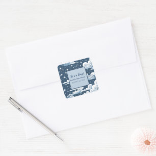Sticker Carré Baby shower blanc bleu céleste